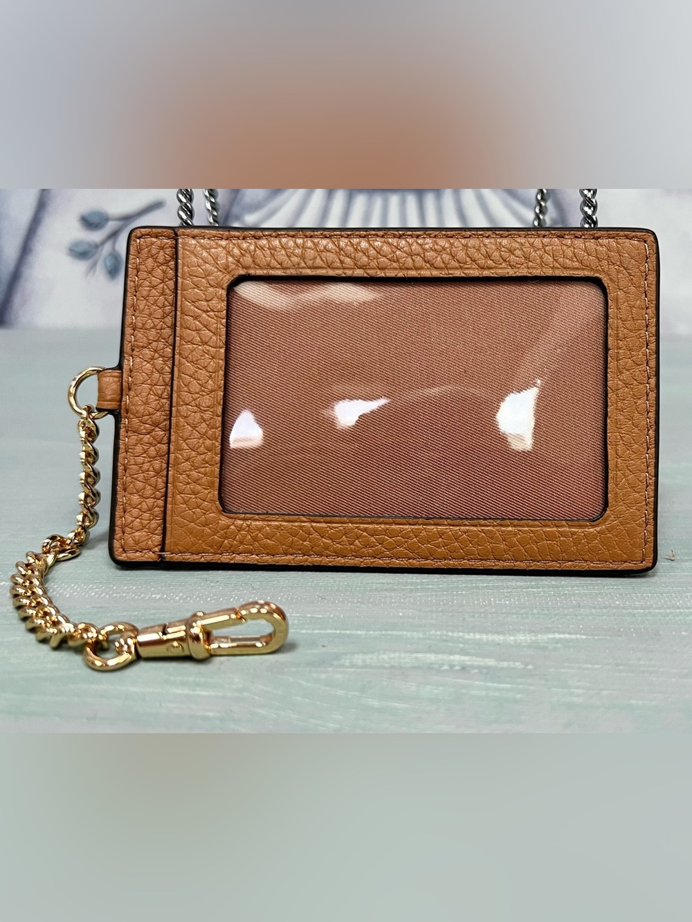 Tory Burch Tan Pebbled Leather id. /Card Holder with Gold Lobster Claw Chain